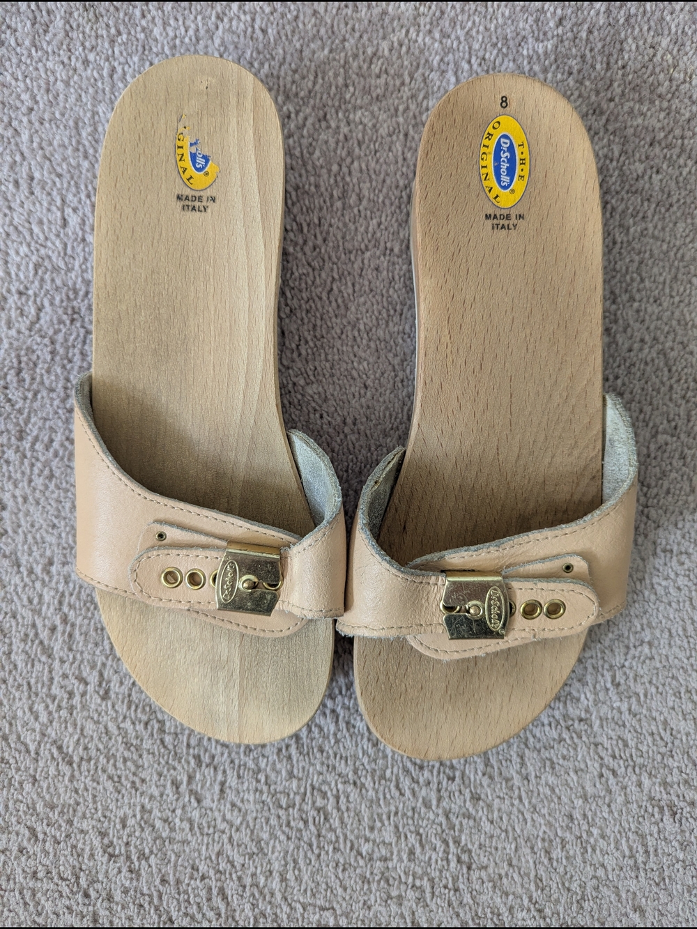 Vintage Dr. Scholl's Original Wood Exercise Sandals Tan Leather Italy Size 8